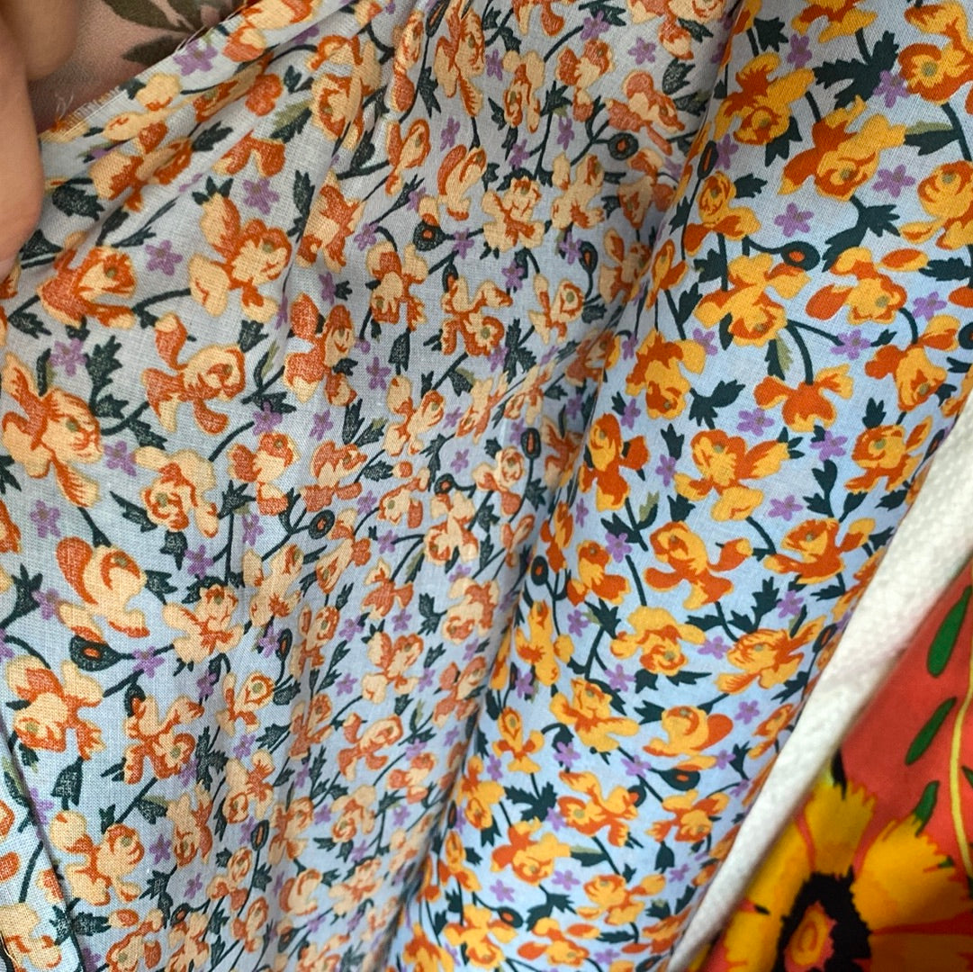 Cotton lawn - Ditsy floral leaves - orange
