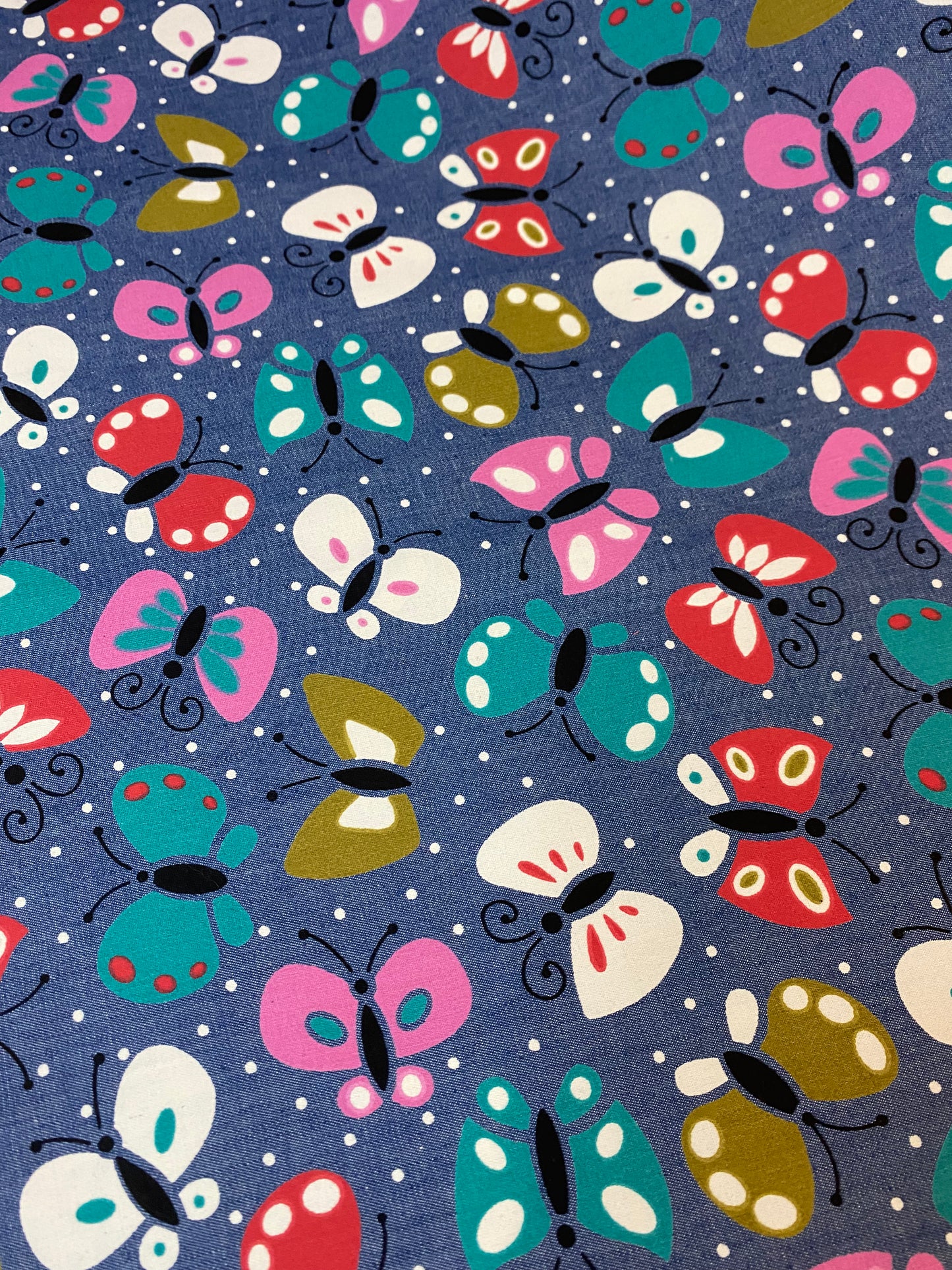 Cotton Printed Denim - coloured butterflies