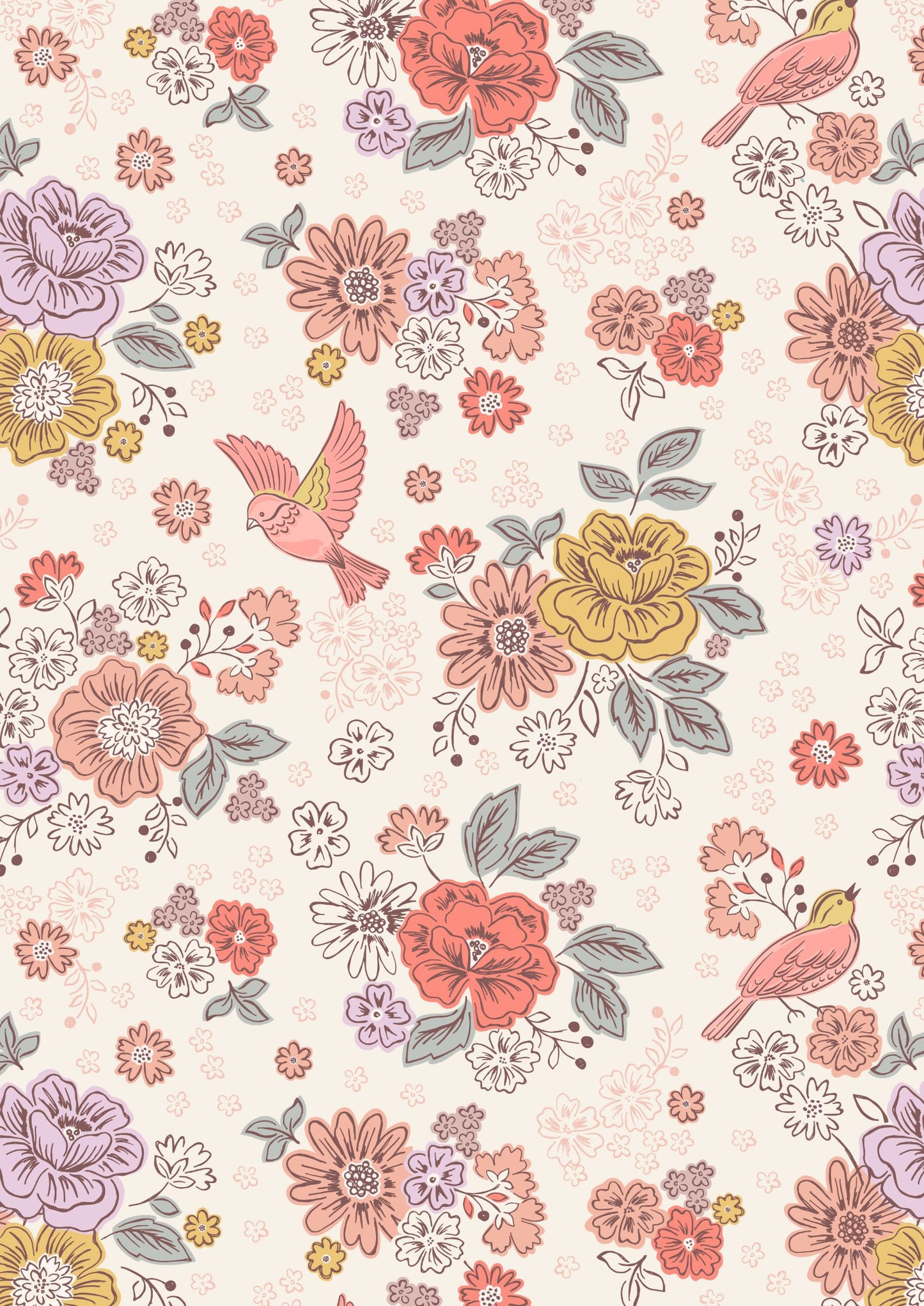 Lewis and Irene - Hannah s flowers - Songbirds and flowers on cream
