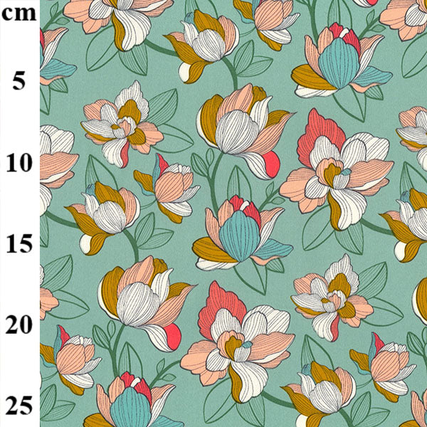 Cotton Satin stretch - floral print aqua