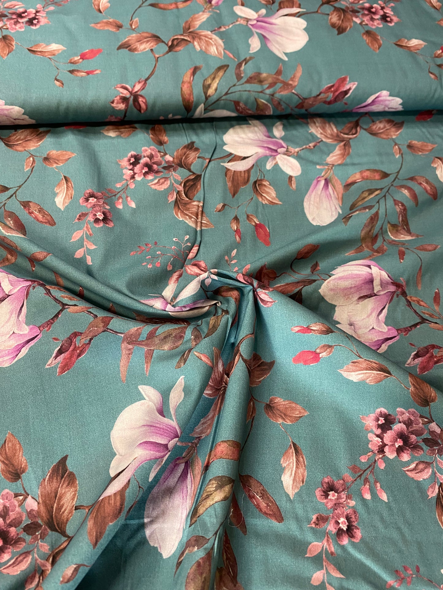 Cotton lawn - Pink flowers on Teal