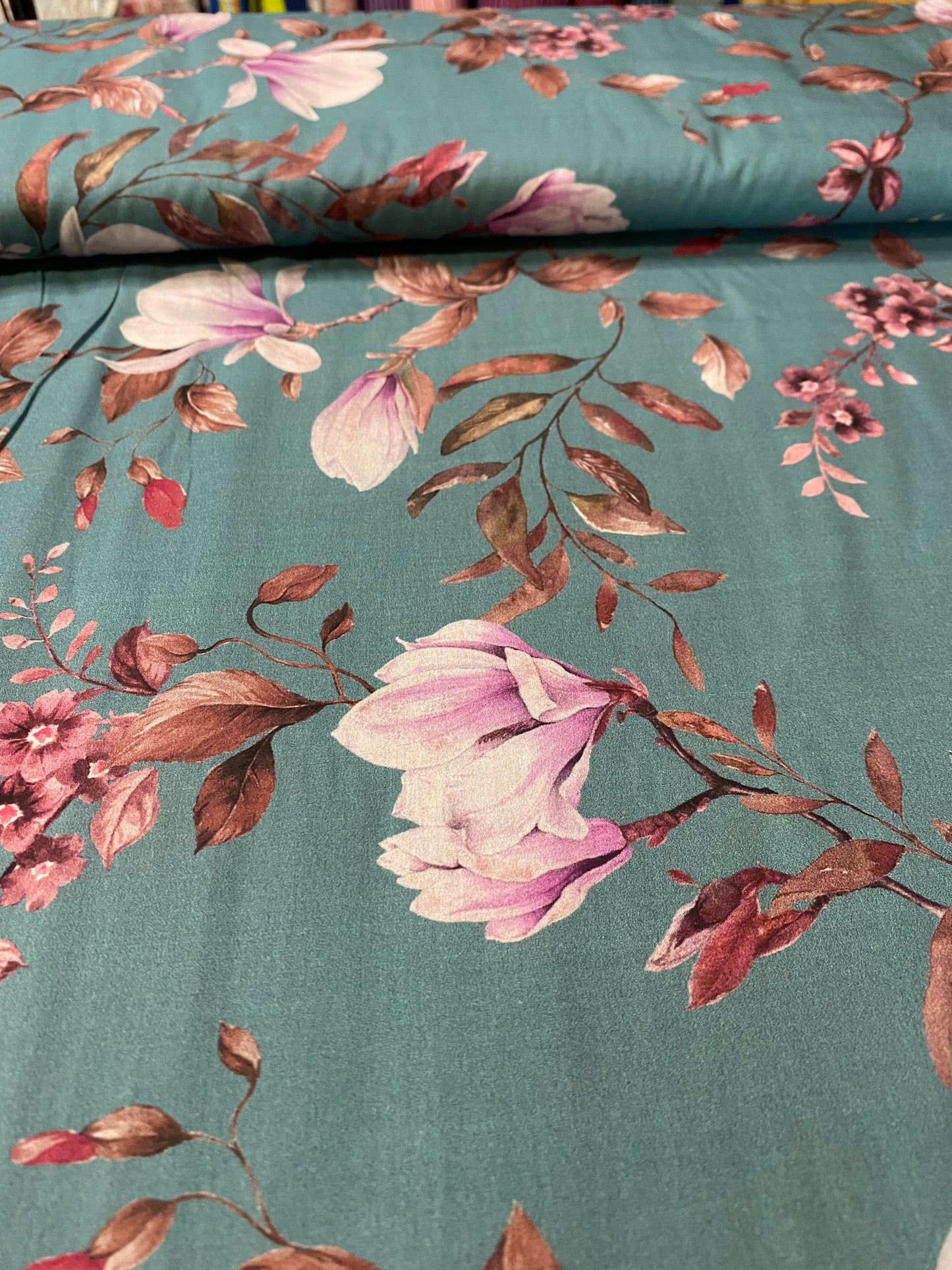 Cotton lawn - Pink flowers on Teal