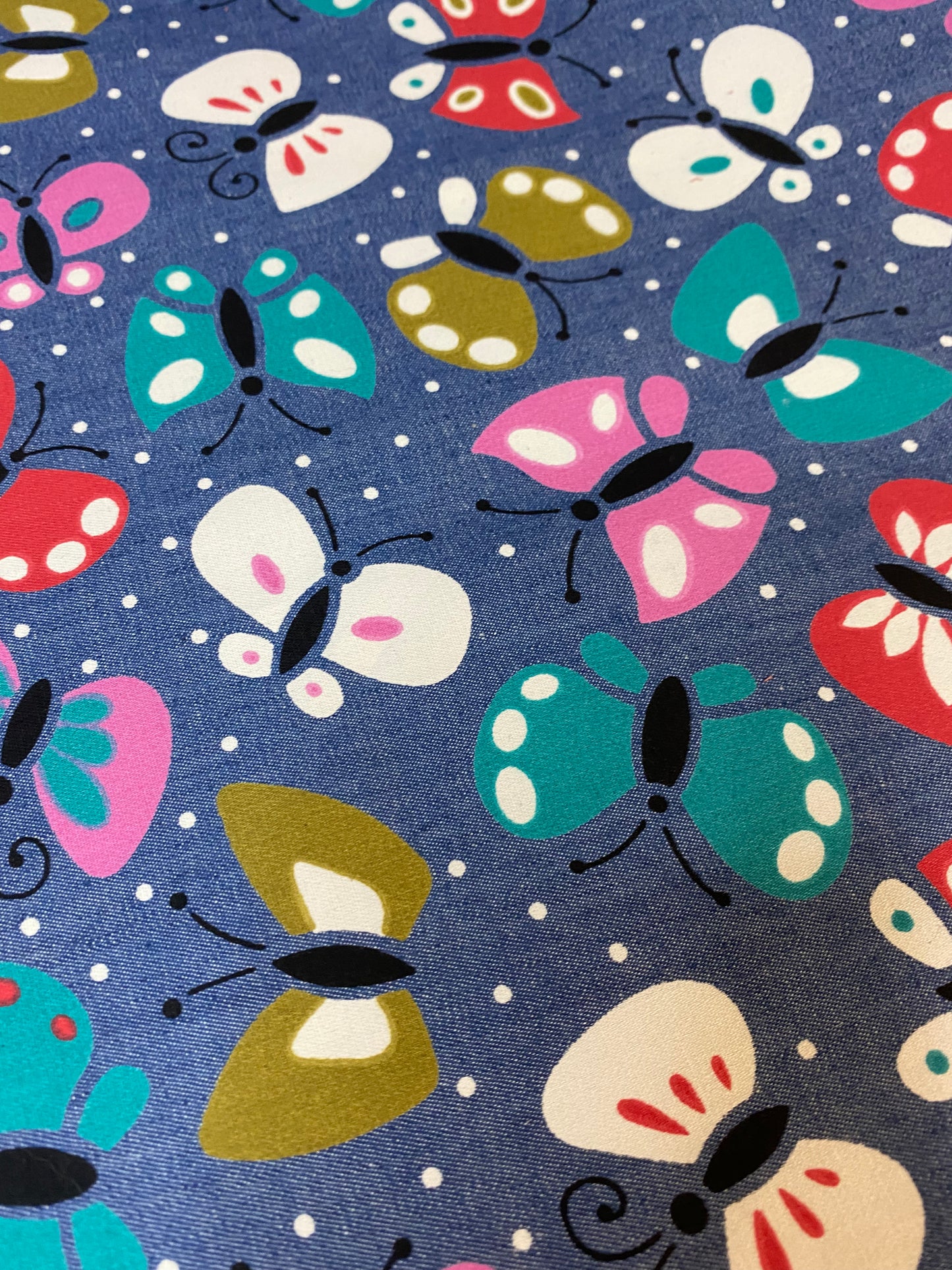 Cotton Printed Denim - coloured butterflies