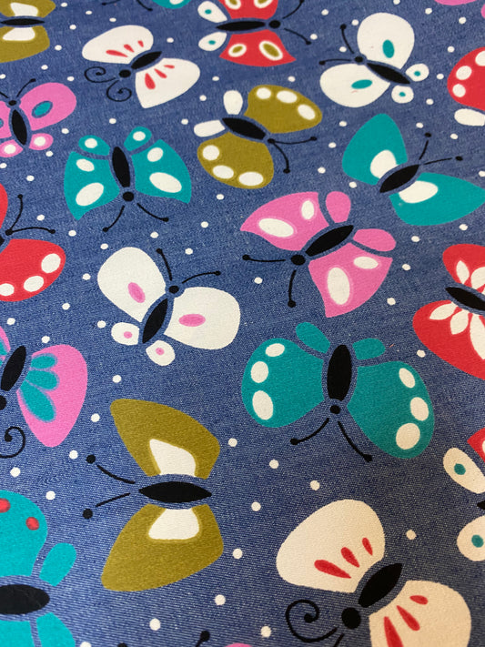 Cotton Printed Denim - coloured butterflies