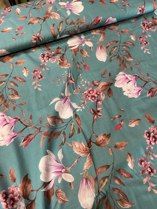 Cotton lawn - Pink flowers on Teal