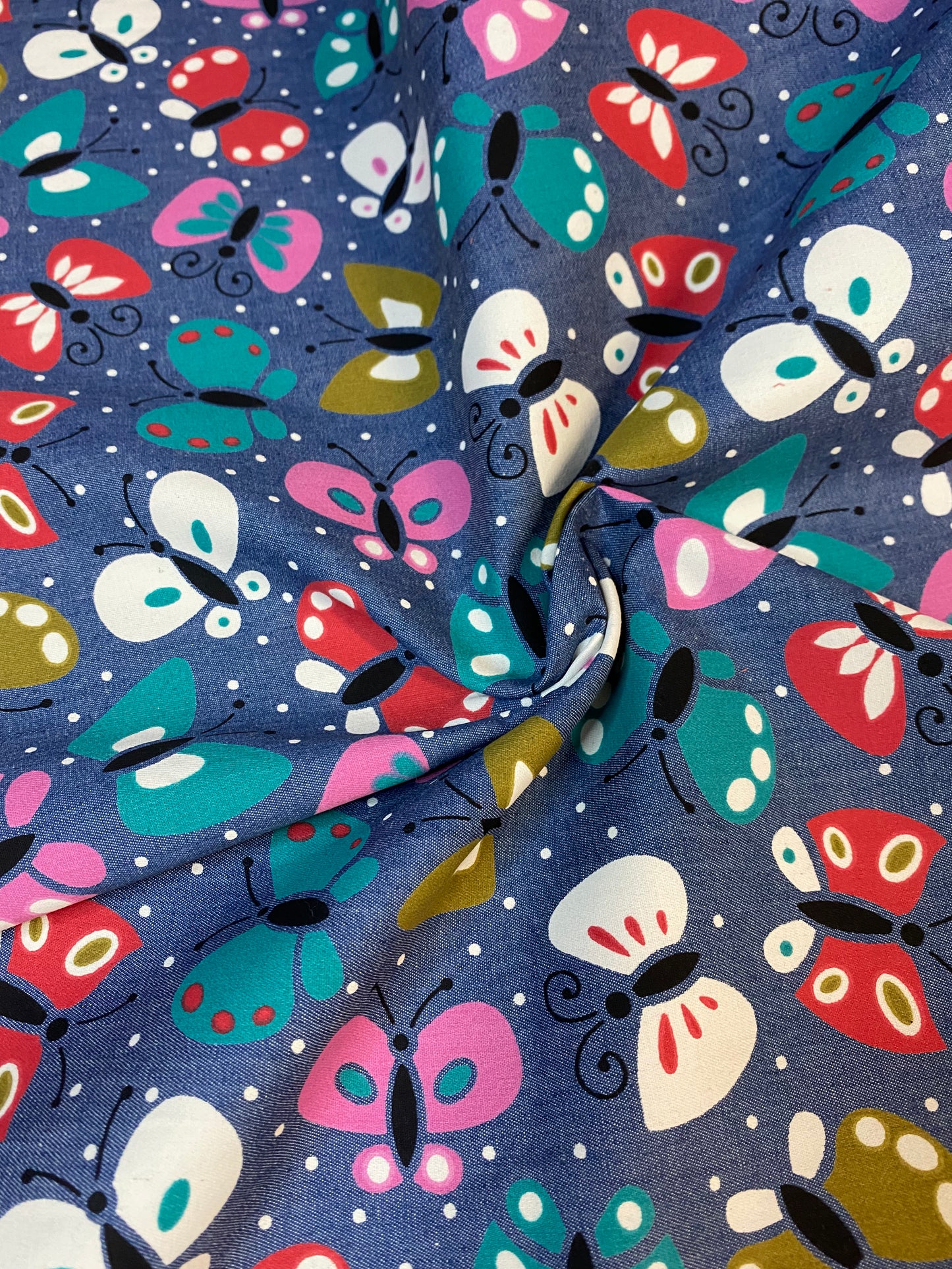 Cotton Printed Denim - coloured butterflies
