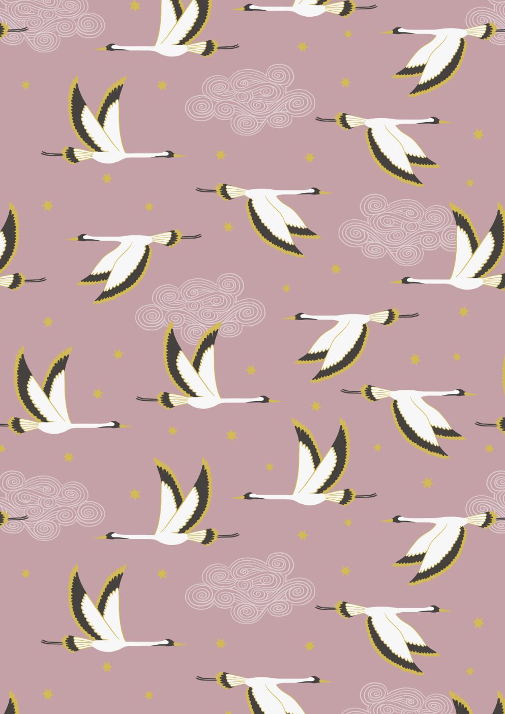 Lewis and Irene - Jardin de Lis - Flying heron on rose pink (gold metallic)