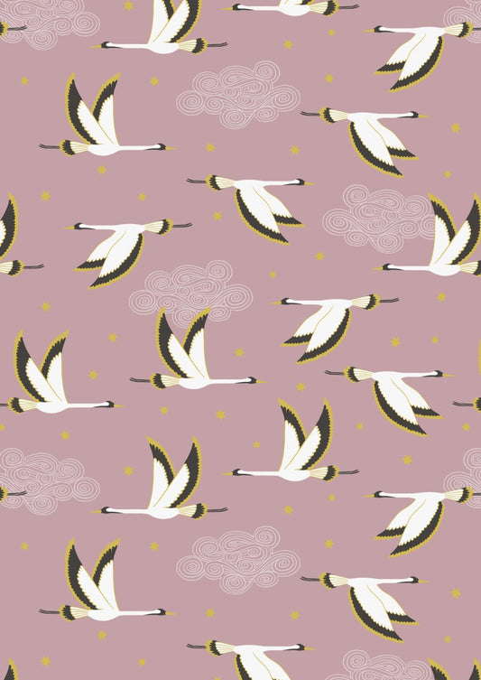 Lewis and Irene - Jardin de Lis - Flying heron on rose pink (gold metallic)
