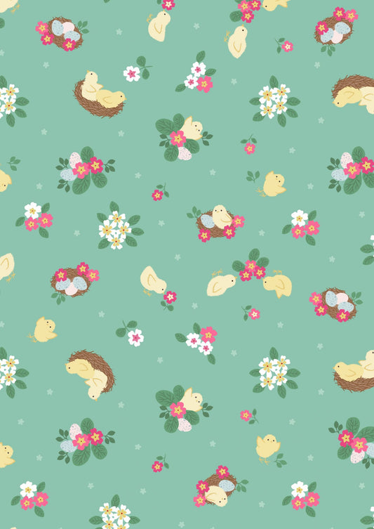 Lewis and Irene - Bunny Hop - Chick and eggs on spring green