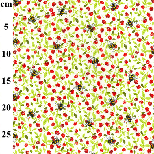 Floral cotton poplin - Bees and strawberries on cream