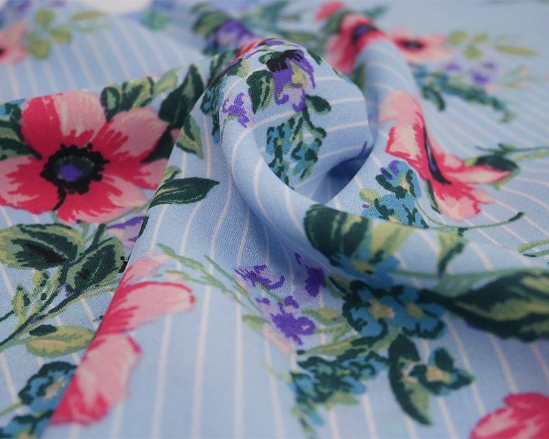 Georgette - Floral on light blue stripe