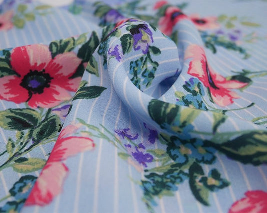Georgette - Floral on light blue stripe