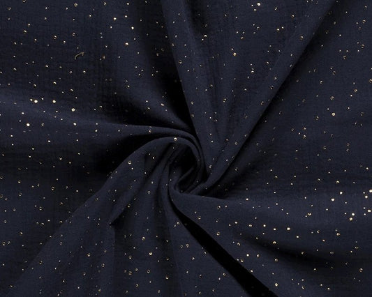 Double Gauze - Navy blue with gold dots