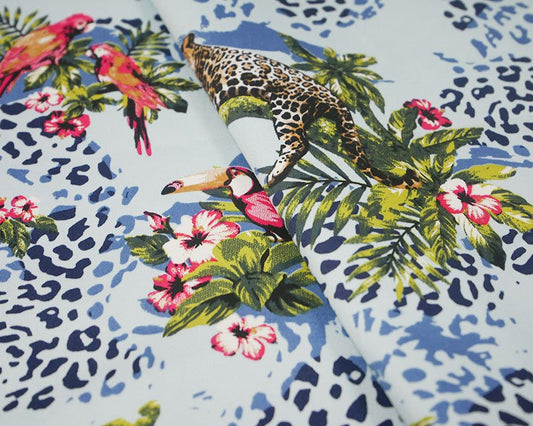 Cotton Satin stretch - Monkey parrot leopard