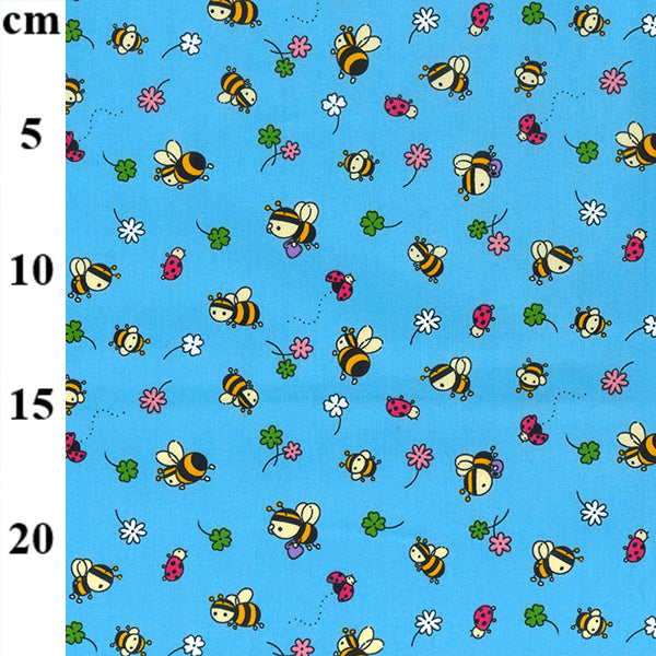 Floral cotton poplin - Bees and ladybirds on blue