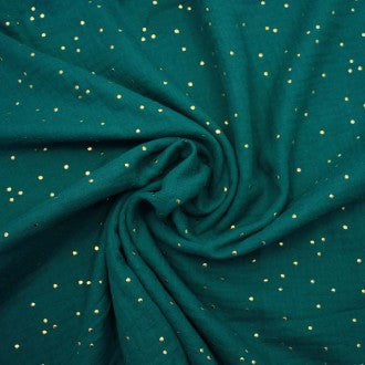 Double Gauze - peacock green with gold dots