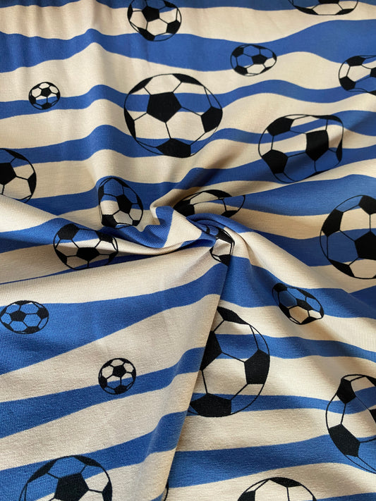 Single Jersey - Footballs stripes - Blue 1m piece