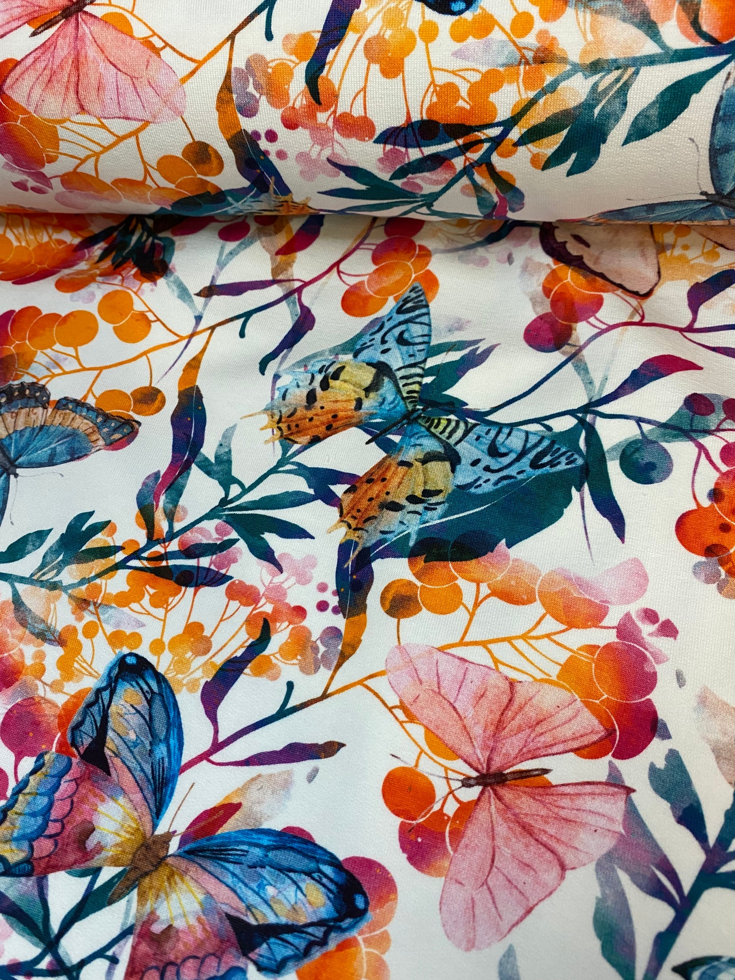 Jersey - French terry fabric - white floral butterfly