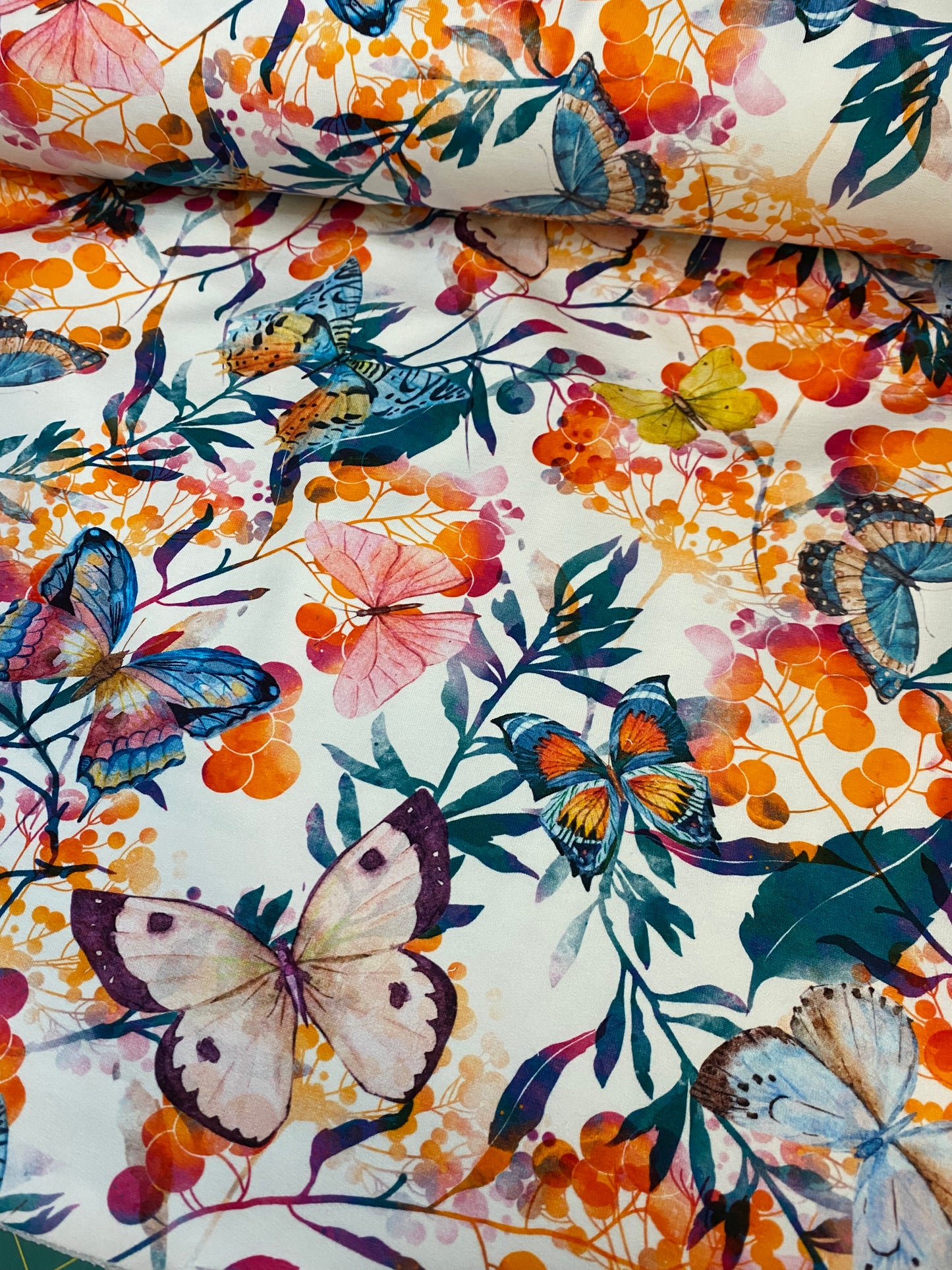 Jersey - French terry fabric - white floral butterfly