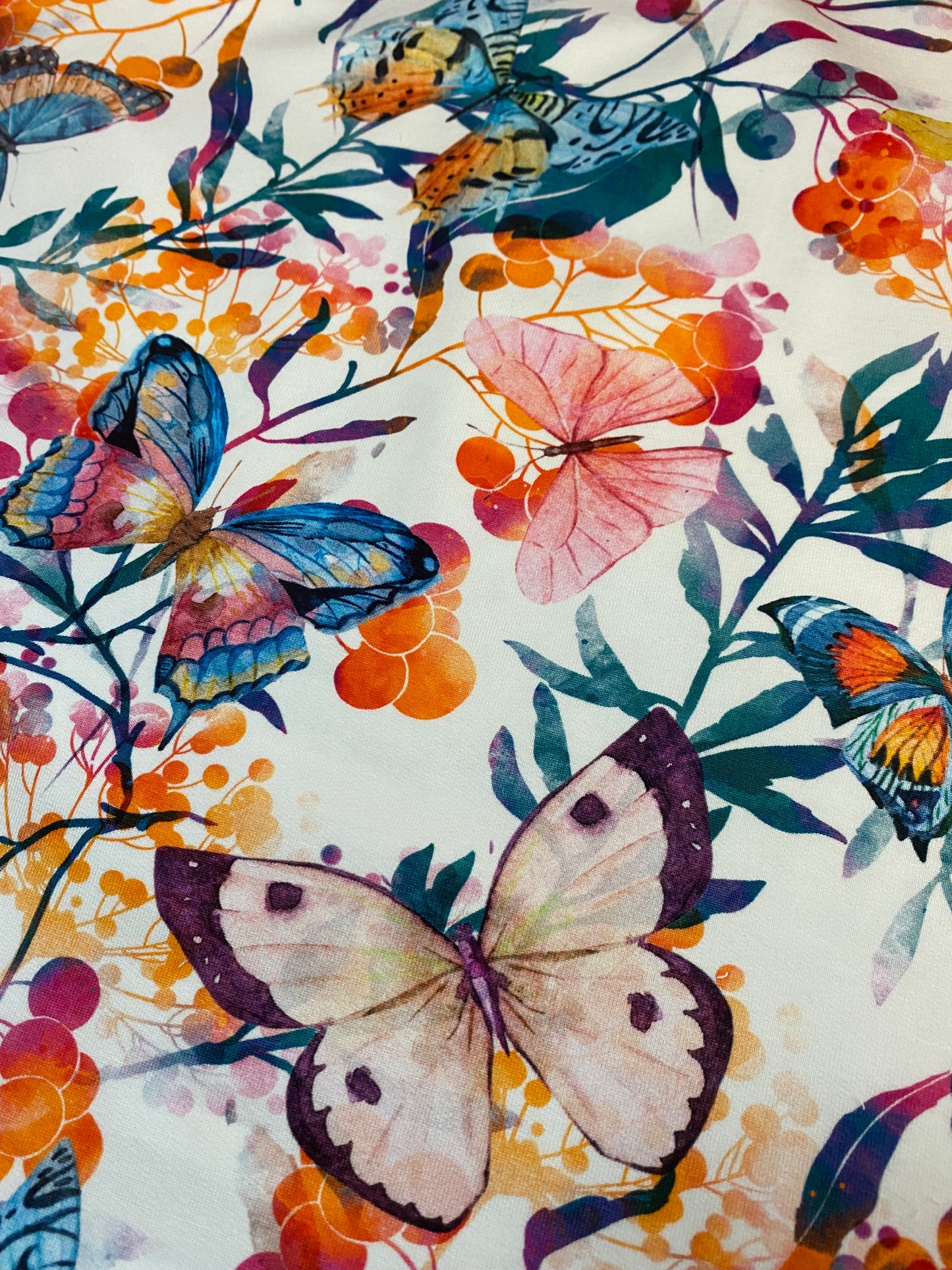 Jersey - French terry fabric - white floral butterfly