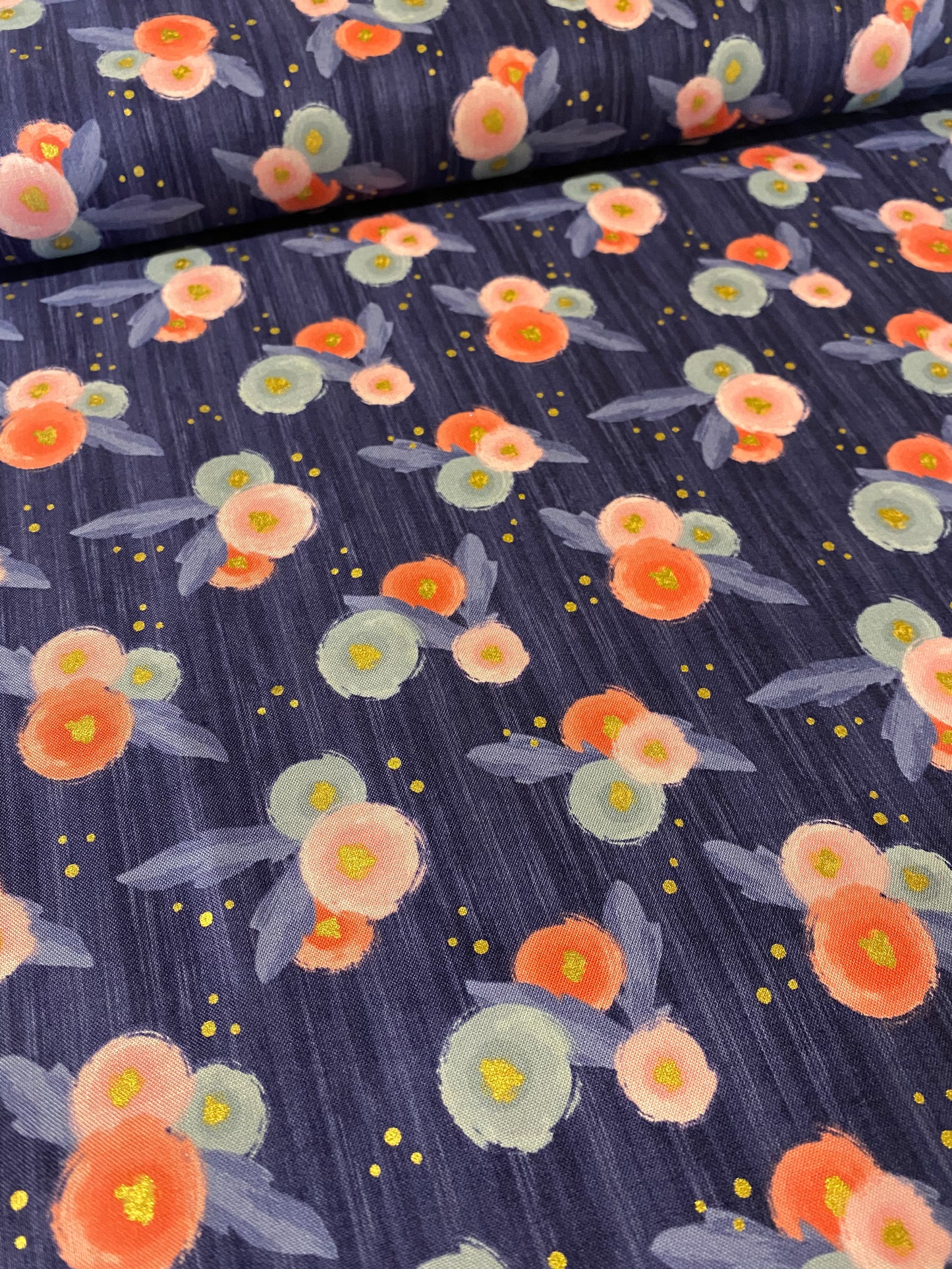 Riley Blake - Midnight Rose - navy floral with gold dots